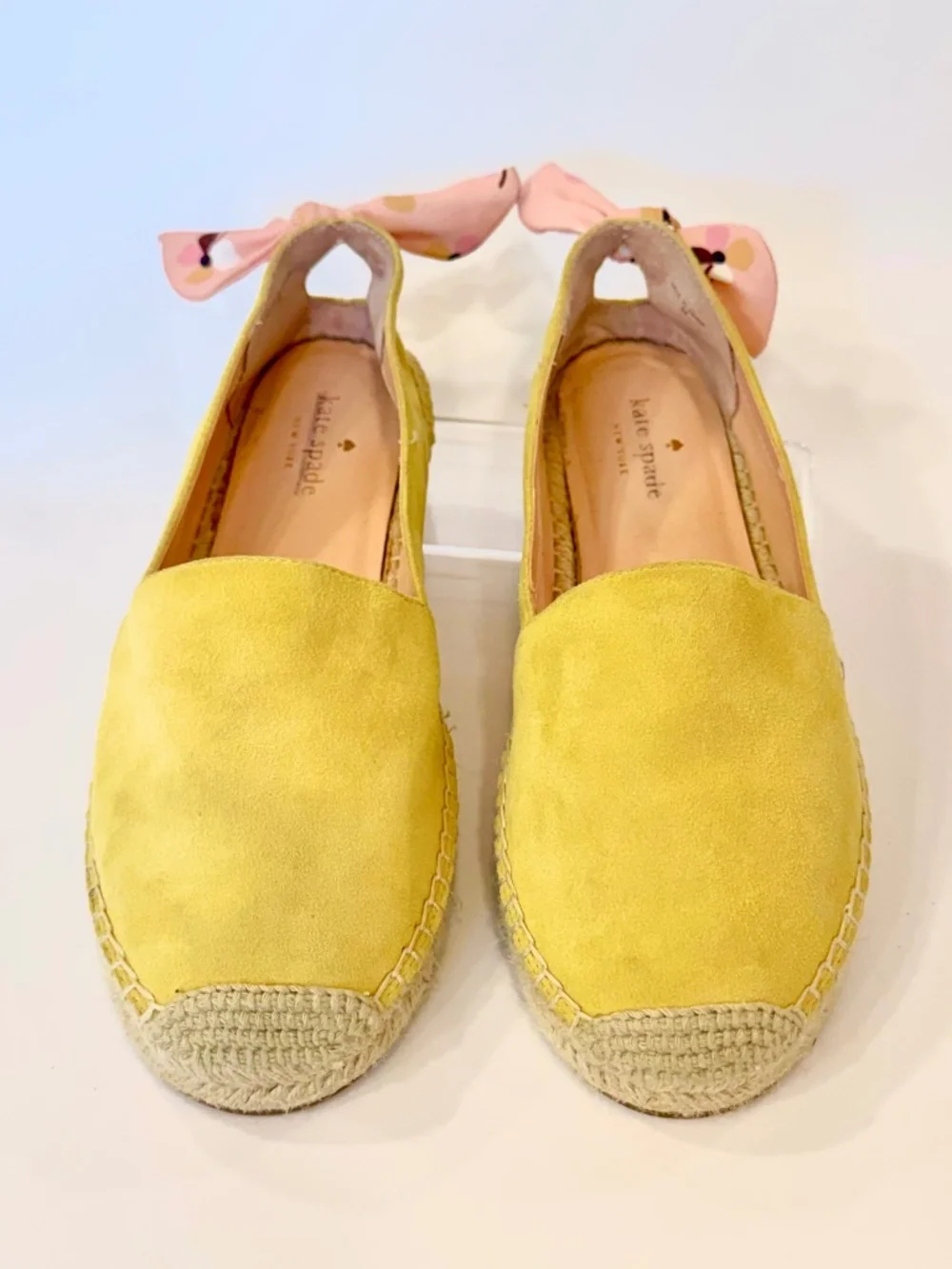 Woman's Size 9M Kate Spade Yellow Suede Espadrilles Pink Leather Lining & Insole
